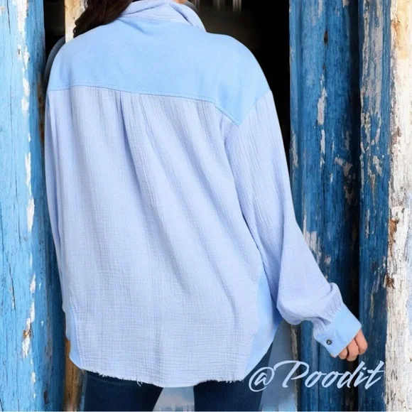 FANTASTIC FAWN oversized washed out light blue button front top Sz S M L - Picture 4 of 9